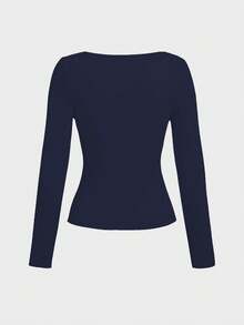 Camiseta básica minimalista de cuello redondo, de doble capa, sin costuras, ajustada de manga larga, casual de primavera - Azul Marino - Ver 5
