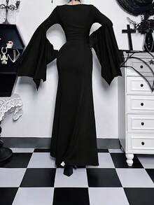 1 pieza Vestido gótico oscuro de Halloween para mujer, manga de murciélago con bajo de cola de pez, disfraz elegante de señora madura