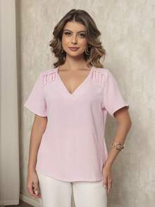 DUOUNO MODAS - WOMEN'S SHORT SLEEVE BLOUSE IN DUNAS FABRIC, V-NECKLINE WITH PLEATED DETAILS ON THE SHOULDER - WOMEN'S BLOUSES - Màu Hồng baby - Xem 3