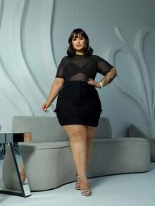 Plus Size Women's Clubwear Set Bodysuit Tulle Shine Transparency Short Sleeve Model Cargo Skirt Elastane Party Clubwear Look Plus Size 44 To 54 - 黑色 - 查看 9