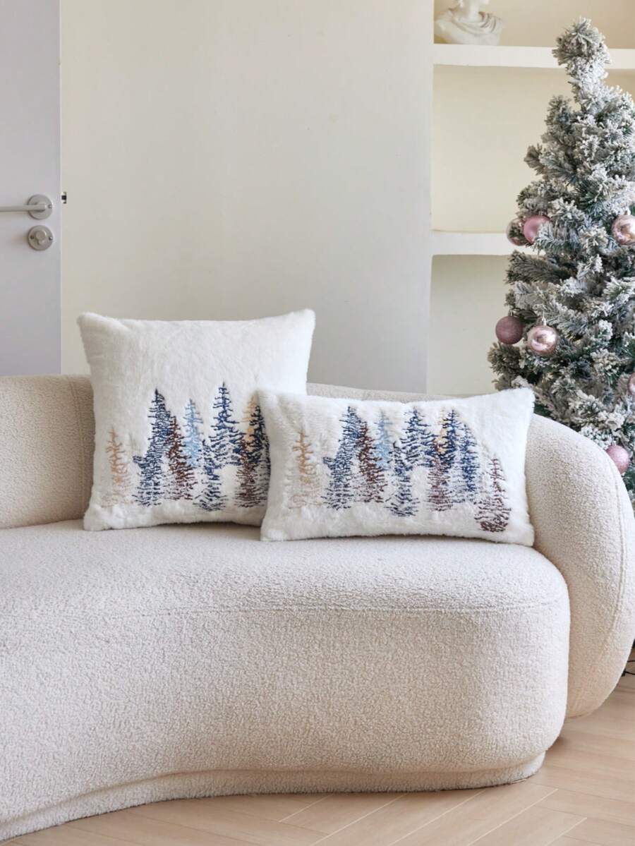 1pc Autumn/Winter Pine Tree Faux Fur Embroidered Throw Pillow Cover, Home Decor Suitable For Living Room, Sofa, Bedroom, Party, Car And Various Environments
