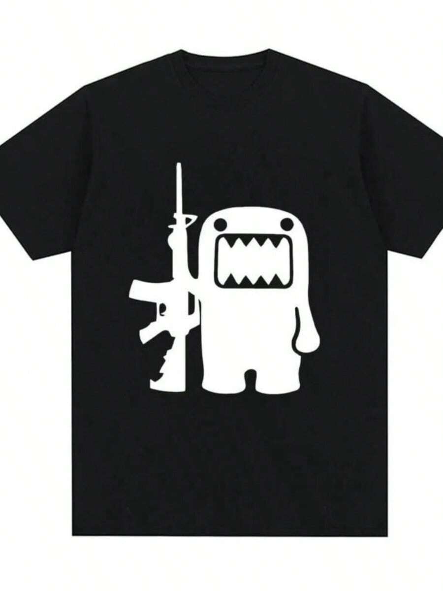 Retro Domo Kun AK47 Fun T Shirt Men's Women's Casual Tshirt Y2k Short SLEEs Ve Oversized T Shirt Street Wear - 黑色 - 查看 1