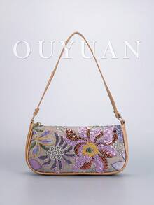 Sequin Embroidered Floral Baguette Bag For Women, Fashionable And Versatile. Sequin Patchwork Underarm Bag, Color-Blocking Embroidered Zipper Shoulder Bag, (Pattern Random) - Multicolor - View 8