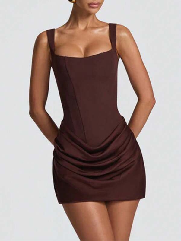 Fashion Sexy Elegant Short Spaghetti Strap Bodycon Dress Summer Ruched Dress Brown Evening Cocktail Party Dress For Women Clothes