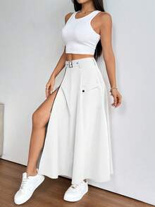 Saia feminina branca lisa, minimalista, casual e elegante, com bolso e zíper, para a primavera. - Branco - Ver 4