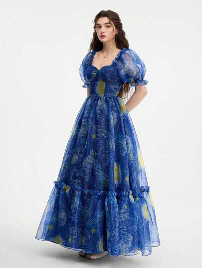 Vestido largo elegante Roviva con volantes fruncidos en la cintura, con estampado de cielo estrellado transparente y corte evasé, adecuado para fiesta de cumpleaños, cita, Navidad, Acción de Gracias, San Valentín, festival de música, Año Nuevo, gala, fiesta de cóctel, brunch, ocasión formal