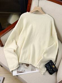 Áo khoác cardigan dài tay cổ chữ V thắt nút kiểu dáng Vivid Style dành cho nữ mùa thu/đông, dáng ngắn, thoải mái, tối giản, thời trang, màu trơn, phong cách retro, thích hợp cho ngày Valentine, trang phục Valentine cho nữ, áo hẹn hò. - Màu be - Xem 4