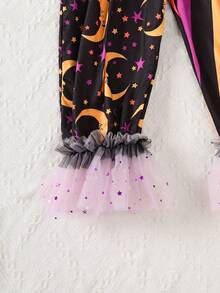 1pc Infant/Toddler Girls' Casual Fashion Colorful Striped Patchwork Star Moon Print Romper, Purple Mesh Ruffle Trim, Orange Pom Pom Decor, Half-Zip Front, Princess Daily Outfits, Halloween New Arrival 2025