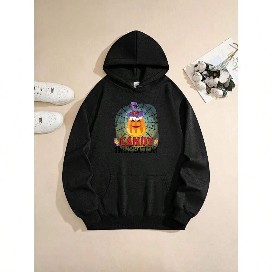 Men'S Halloween Candy Inspector Graphic Fleece Hoodie - Oversized Loose Fit Soft Sweatshirt With Pockets, Spooky Bats & Candy Corn Design, Casual Pullover For Costume Parties & Casual Attire (Black) - Black - View 1