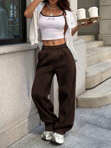 Sulojter Casual Loose Solid Color Elastic Waist Sweatpants - Coffee Brown - View 3