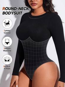Women's Solid Color Round Neck Fitted Raglan Sleeve Bodysuit, Summer Black Elegant - Black - View 1