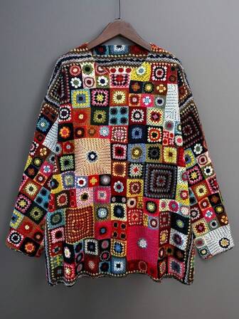 Suéter holgado de punto cuadrado con estampado colorido de estilo bohemio, talla grande, hombros caídos, cuello redondo, longitud regular, detalles de punto acanalado, ligeramente elástico, adecuado para otoño e invierno