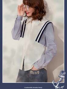 女士秋季服装，法式撞色长袖条纹衬衫，时尚优雅拼接长袖上衣，女士万圣节服装，女士办公室着装长袖秋季衬衫 - 彩色 - 查看 11