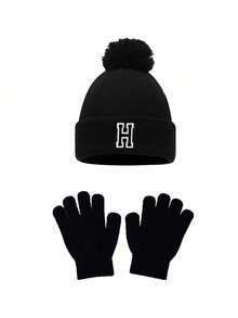 2 pezzi/set Cappello e guanti a motivo alfabeto 26 lettere per neonati, caldi e carini, unisex, adatti per autunno/inverno all'aperto, abbinamento alla moda, può essere un regalo di compleanno - nero - Visualizzare 9