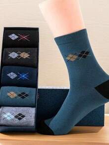 3 PAIRS Men's Korean Style Diamond Cotton Dress Socks - Comfort And Elegance RANDOM COLOR - 彩色 - 查看 7