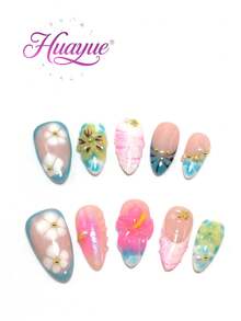 10 Pieces Of 2.5 Cm Almond-Shaped Press-On Nails, Handcrafted, Beach Essentials, Nail Patch, Press On Nails, Nails, Supplies, Summer Nails, Press On Acrylic Nails, Long Nails, Featuring Sun, Stars, Chrysanthemums, Swallows, Diamonds, Pearls, French Tips, Gradient, 3D Carved Designs, And Versatile, Punk Style, Perfect For Beach