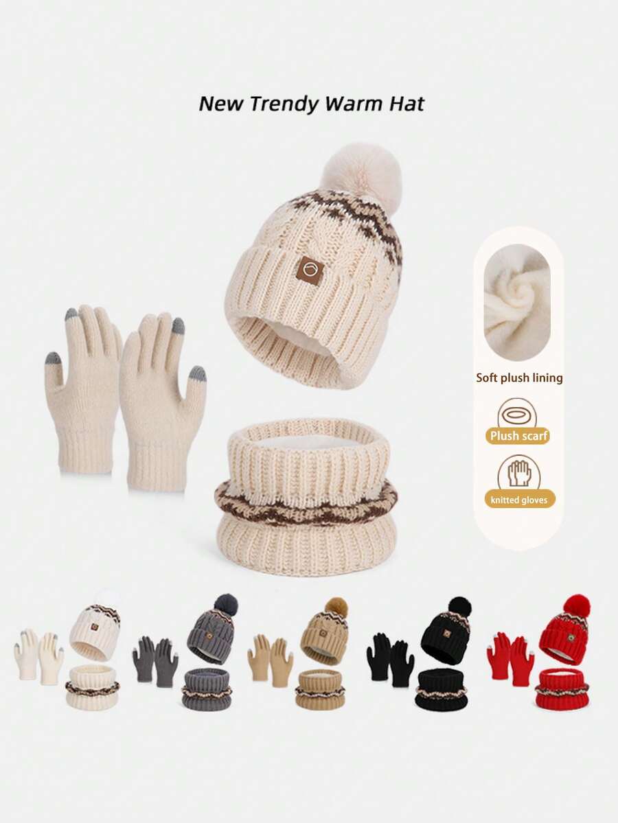 Set de 2 piezas/3 piezas de gorro, bufanda y guantes de punto jacquard de moda para mujer, accesorios versátiles y cálidos para el invierno, para uso diario en invierno (estilo aleatorio de entrega)