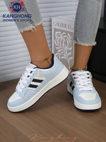 1 Pair Women's Non-Slip, Durable, Lightweight, Fashionable Casual White Sneakers, Outdoor Lace-Up Patchwork Flat Shoes For Indoor & Outdoor Wear