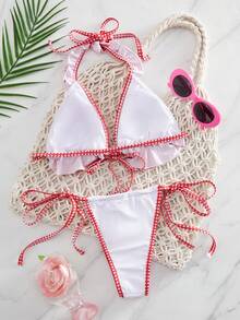 PEPPERMOLLY 2026春夏爆款多色花朵两件式泳衣，露背挂脖设计，随机印花，夏季海滩度假必备性感修身比基尼 - 紅白色 - 查看 2