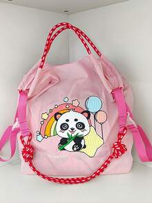 1pc New Casual Embroidered Panda Design Foldable Nylon Large Capacity Tote Bag, Adjustable Shoulder Strap, Suitable For Commuting, Party