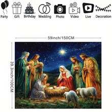 1 Peça Pano de Bottom com Tema Religioso de Natal: Cena da Natividade com o Menino Jesus, Anjos, Pastores, Caverna, Luz de Vela, Três Reis Magos, Padrão de Céu Estrelado, Adequado para Festa de Natal, Decoração de Bottom para Reunião Familiar, Cenário Fotográfico, Adereço de Vinil