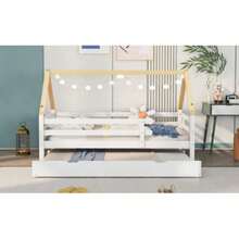 Letto a forma di casa sull'albero, divano letto, letto singolo, letto estraibile, letto scorrevole con base estraibile, legno massello, letto bianco, struttura color naturale (90x200 e 90x190CM)