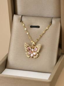 1pc Cute Pink Cubic Zirconia Pearl Butterfly Stainless Steel Necklace, 1 Pair Cute Pink Cubic Zirconia Pearl Butterfly Stainless Steel Earrings, Suitable For Women's Daily Wear, Gold Jewelry, Gold Earrings, Women's Jewelry, Summer, Vacation, Beach Accessories, Gift - Pink - View 4