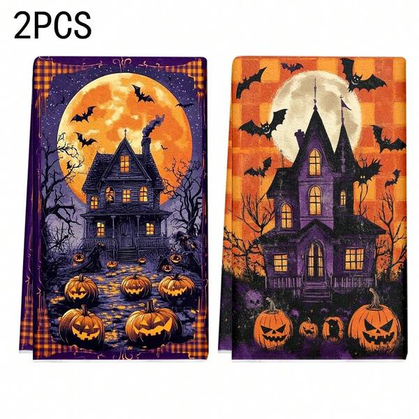 2 pièces/100 pièces Serviettes de cuisine et torchons motif citrouille et maison hantée d'Halloween, convient pour la décoration intérieure des restaurants, cuisines et salles de bains, la décoration de fête, les cadeaux de festival, en tant que cadeau