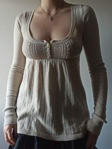 Women's Y2k Long Sleeve Knitted Tops Solid Color Button Front Scoop Neck Flared Hem Blouse Sweaters Spring Fall Casual Streetwear Fairy Aesthetic Clothes - 白色 - 查看 1