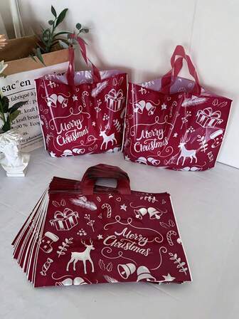 25/10/5Pcs Christmas Thickened Gift Bag - Wine Red (Red) With "Merry Christmas" Text, Star Reindeer Bell Pattern, Tear-Resistant Party Supplies, Grocery Store Home Decoration - Suitable For Christmas, New Year, Valentine's Day, Birthday Festival Theme Design, Sturdy Handle, Plastic, Exclusive For Event Planners, Christmas Gifts, Party Supplies The Best Choice For Gifting Christmas Decorations Home Christmas Gifts Christmas Decor