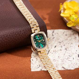 Vintage Gold Barrel-Shaped Women's Watch, Peacock Green Mother-Of-Pearl Dial Luxury Quartz Wristwatch, Niche High-End Elegant