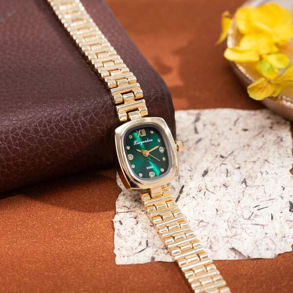 Vintage Gold Barrel-Shaped Women's Watch, Peacock Green Mother-Of-Pearl Dial Luxury Quartz Wristwatch, Niche High-End Elegant