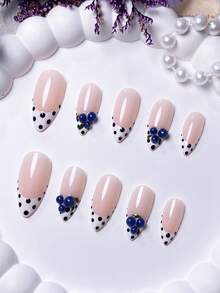 10片手工杏仁白法式波点可爱3D蓝莓简约时尚可拆卸美甲贴片，高端美甲用品手工按压式美甲贴片 - 彩色 - 查看 5