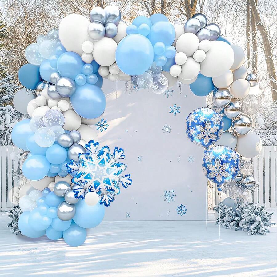 2 件/105 件圣诞雪花气球拱门和花环套件，包括雪花铝箔气球、雪花印花气球、蓝色和白色乳胶气球，适用于圣诞派对装饰、雪花主题派对、节日派对、冰雪奇缘冬季仙境生日派对装饰 - 彩色 - 查看 1