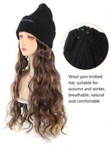 Beanie Hat With Long Wavy Curly Hair Extensions Black Knit Cap 22inch Synthetic Wig Hairpiece Warm Pom For Women Winter Ash Blonde - Multicolor - View 6