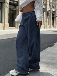 Sulojter Casual Loose Solid Color Elastic Waist Sweatpants - Dusty Blue - View 7