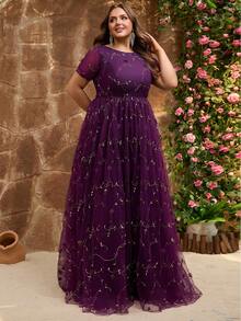 Damen Große Größen Elegantes einfarbiges elegantes süßes romantisches Partykleid mit Tüll, Empire-Taille, Schleife für Hochzeitsgäste, Abschlussball, formelle Party, Graduation, Tanz, Hochzeit im Frühling, Sommer, Herbst, Winter - Lila - Übersicht 4