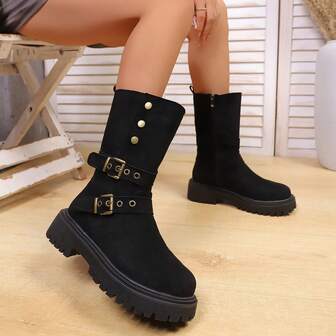 舒适、端庄、优雅休闲复古厚底新款中筒修身女式登山靴