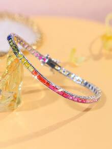 1 Stück Regenbogen-CZ Prinzessin Quadrat Fassung 3,0 mm Tennis Armband, versilberter kubischer Zirkonia Schmuck für Frauen für Bräute, Verlobung, Hochzeit, Bankett, Party, Mutter, Brautjungfern, Ehefrau, Weihnachten