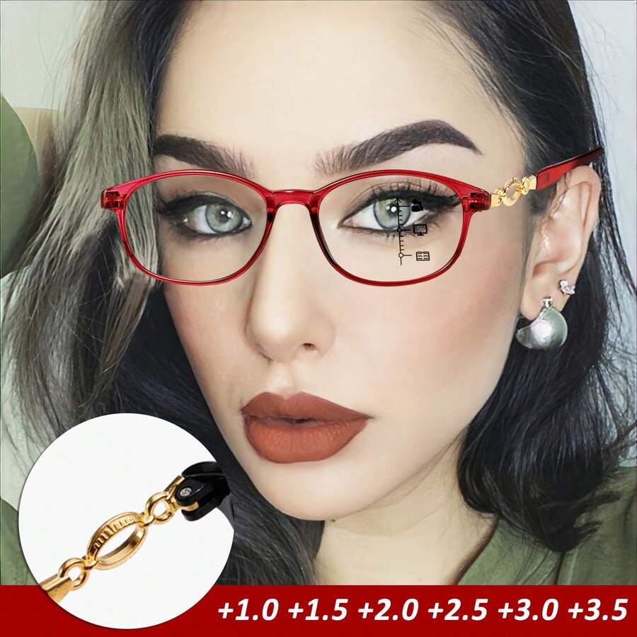 1 副女士渐进多焦点阅读眼镜 - 红色和金色装饰镜框，适合近视、中视和远视，非处方时尚眼镜，非常适合女性生日/周年纪念礼物，耐用的金属铰链设计