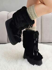 Faux Fur Snow Boots For Women Fuzzy Fluffy Furry Lace Up Mid Calf Boots Winter Warm Fur Boots For Christmas - màu đen - Xem 8