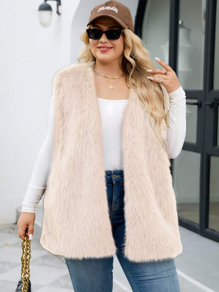 Plus Size Faux Fur Vest Regular Sleeveless V Neck Coat - Apricot - View 1