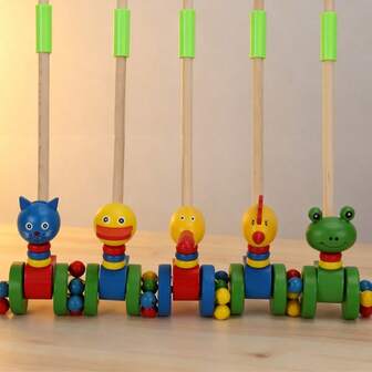 全新卡通动物手推车木制单杆学步车儿童玩具