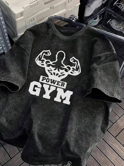 1pcMen's Heavyweight 100% Cotton Vintage Washed T-Shirt - Oversized Relaxed Fit Gym & Streetwear With Power Gym Graphic Print, Muscle Flex Design, Durable 100% Cotton Fabric, Plus Size Big & Tall For Workout & Casual Wear (Spring Summer Fall)Summer Outfits Tops