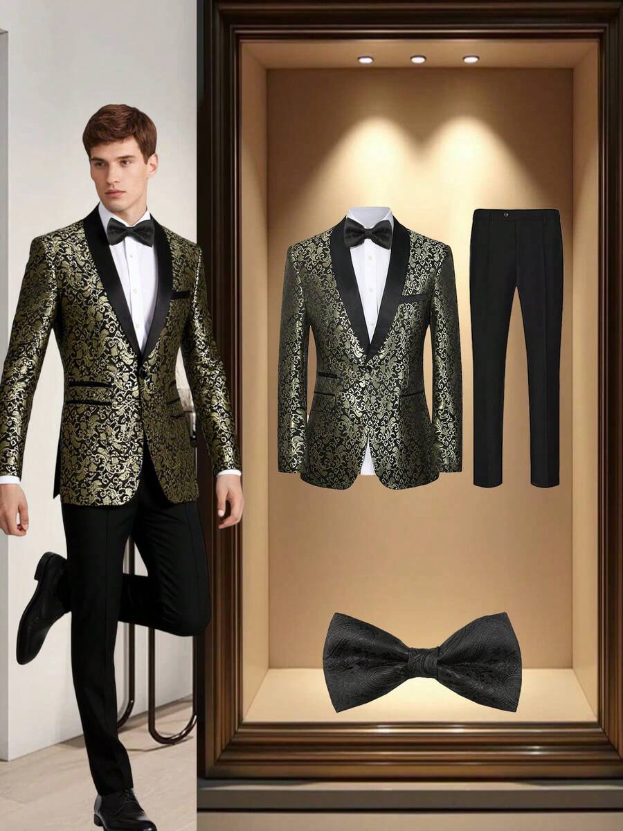 3 Pcs Men Suit Jacquard Blazer Jacket Pants Necktie Shawl Collar Floral Pattern Flap Pockets For Wedding Evening Party Banquet Classic Style - 金色 - 查看 1