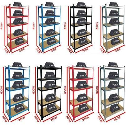 Huini Heavy Duty Shelving Units, 5 Tier Boltless Storage Racking Shelves, Warehouse Garage Utility Home Storage Rack, 5 Adjustable Shelves, 175KG Per Shelf,  For Basement, Storage, Workshop, Shop, Home, Bedroom, Living Room, Kitchen, 2Sizes: 150 X 70 X 30 Cm / 180 X 90 X 40 Cm, 4Colour: Galvanised/Blue/Black/Red Choose