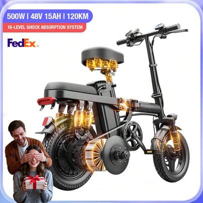 Black Technology Adult Electric Folding Bicycle 500W Motor 16-Level Suspension 48V 15Ah Battery 100Km Range UL2849 Certified