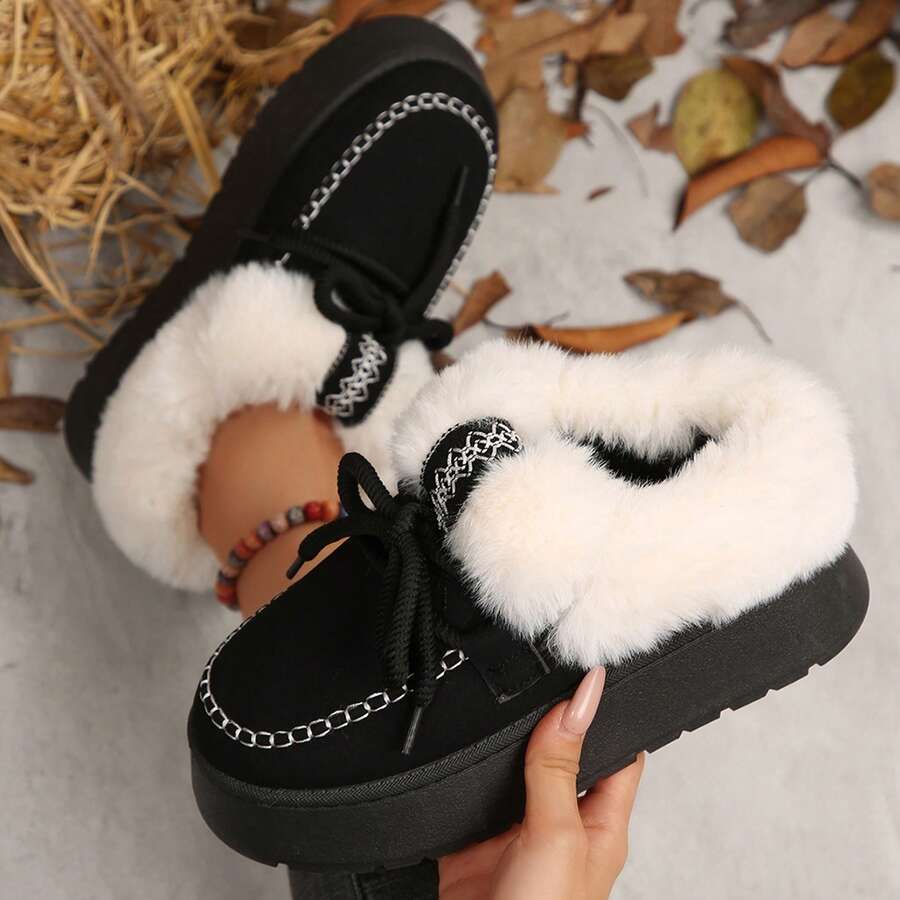 Slippers For Women Fall Winter Warm Faux Fur Lined Ankle Boots Indoor Outdoor House Shoes Cotton Fuzzy Bedroom Slippers - 黑色 - 查看 1