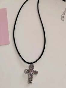 Gothic Y2K Pink Cross Heart Pendant Rope Chain Necklace For Women Fashion Hip Hop Rave Gift Jewelry Accessories - Pink - View 12