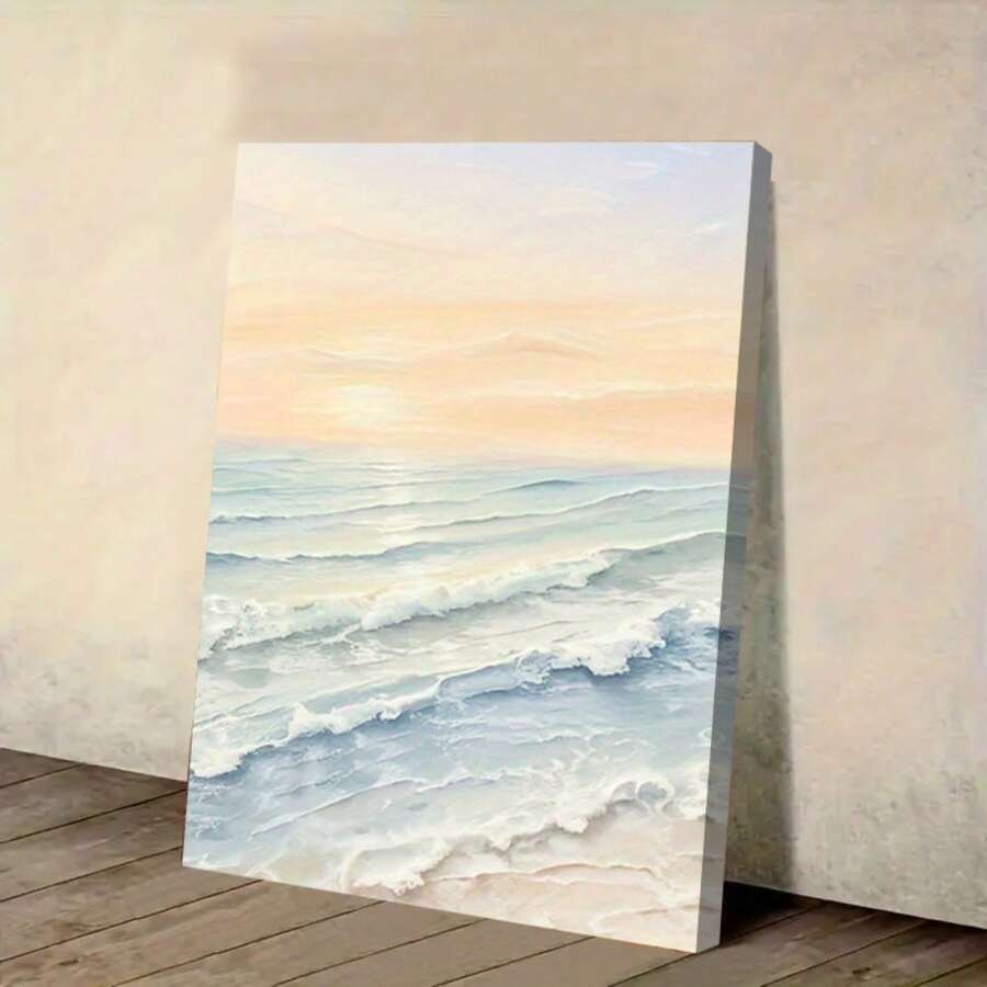 1pc, Ocean Waves Canvas Wall Art - Seascape Painting Print For Coastal Home Decor, Modern Impressionistic Nature Landscape Art In Blue & Peach Hues, Calming Stretched Wall Decor - 彩色 - 查看 1